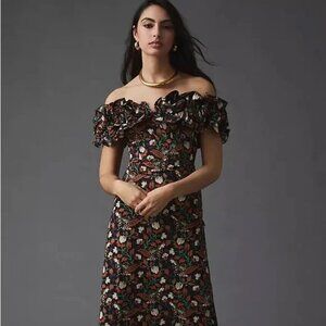 Anthrologie Off-Shoulder Printed Stretch Cotton Midi Dress, Small, NWT